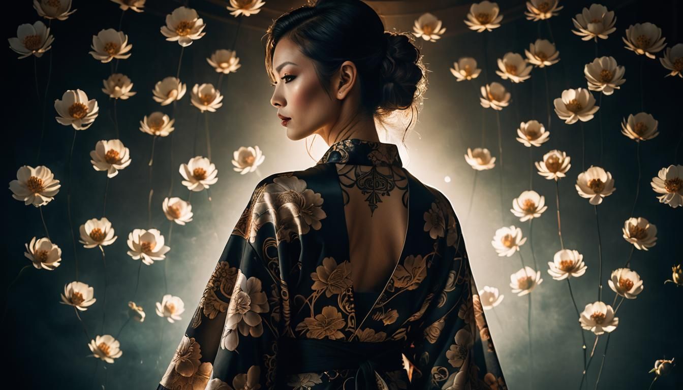 Ethereal Kimono Portrait in Dramatic Lighting Style