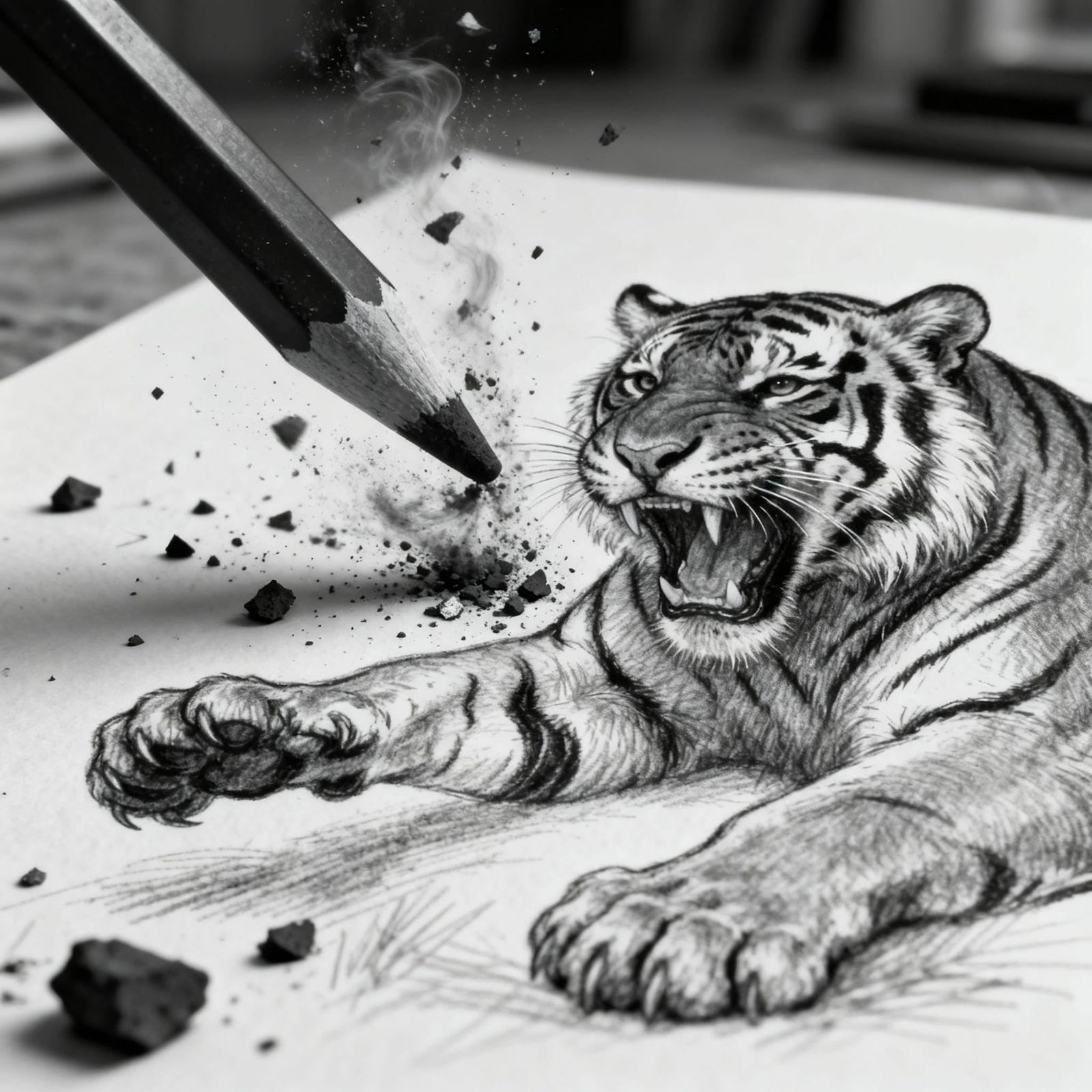 Tiger Emerging from Charcoal Sketch, Macro Realism