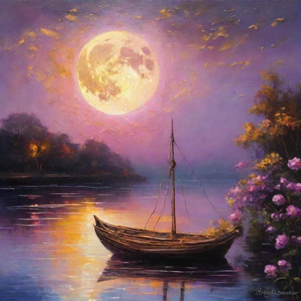 Luminous Oil Painting of Majestic Moon Over Calm River