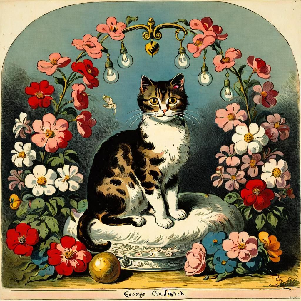 Whimsical Cat in Floral Wonderland, in Watercolor Style