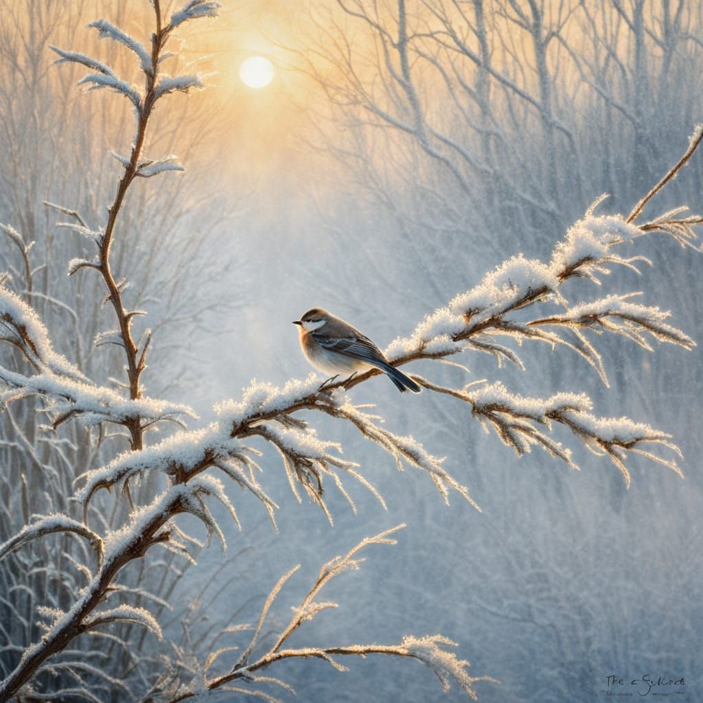 Delicate Frost on a Serene Winter Branch in Golden Light