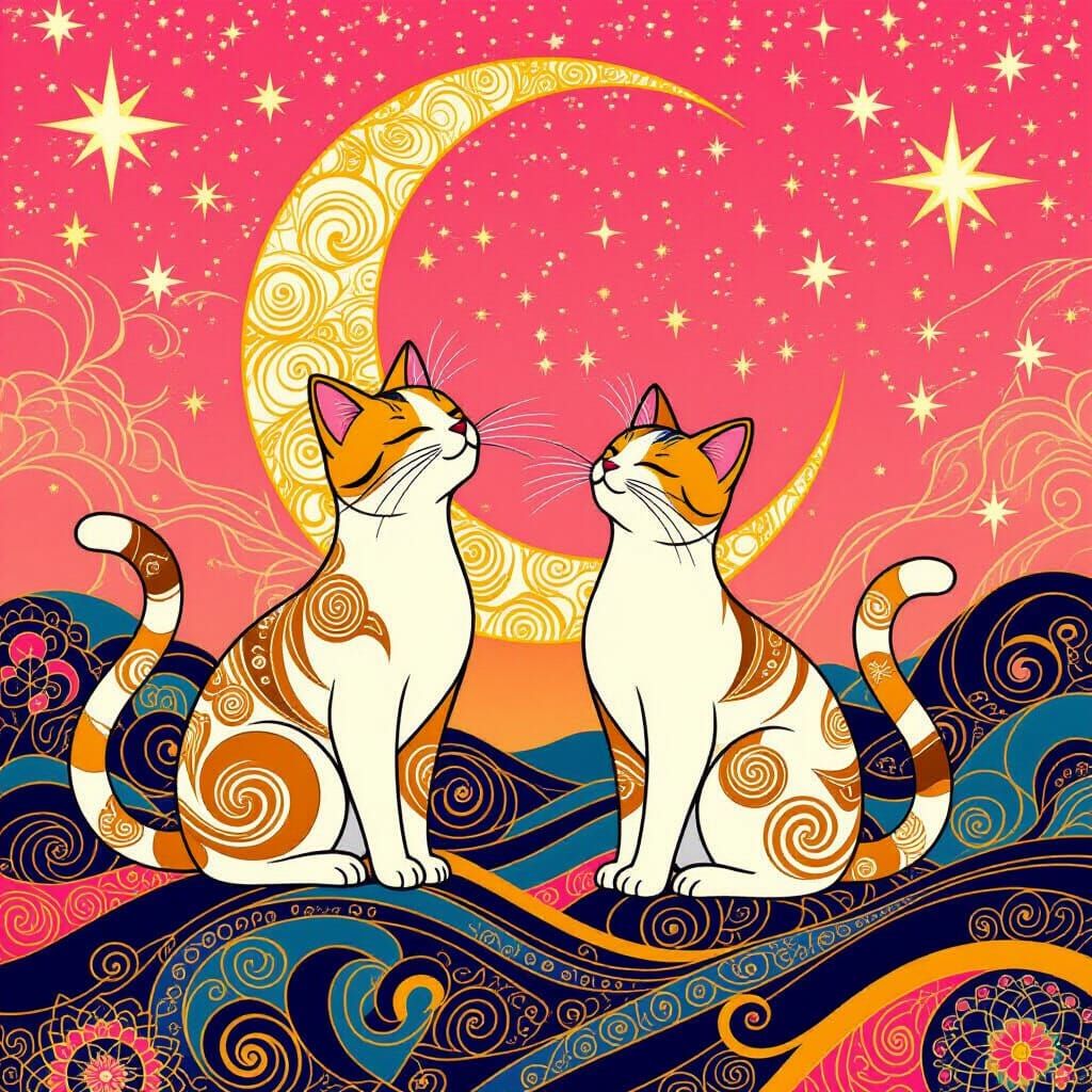 Lunar Cats Singing in Klimt-Inspired Dreamscape