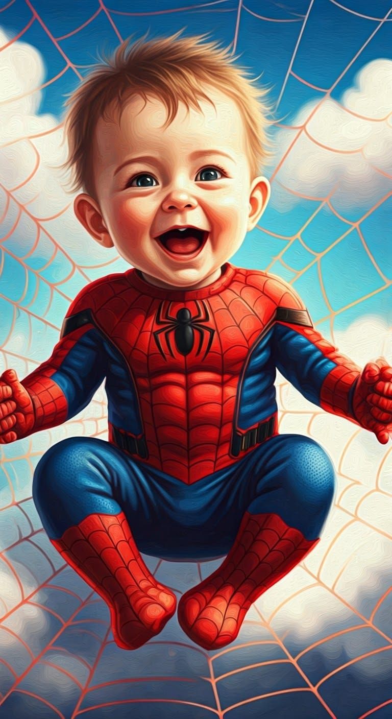 Whimsical Baby Spiderman in Colorful Web