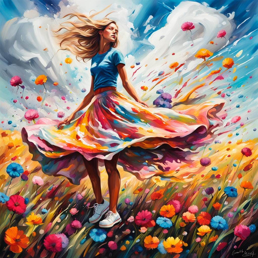 Woman Dancing in Vibrant Floral Graffiti