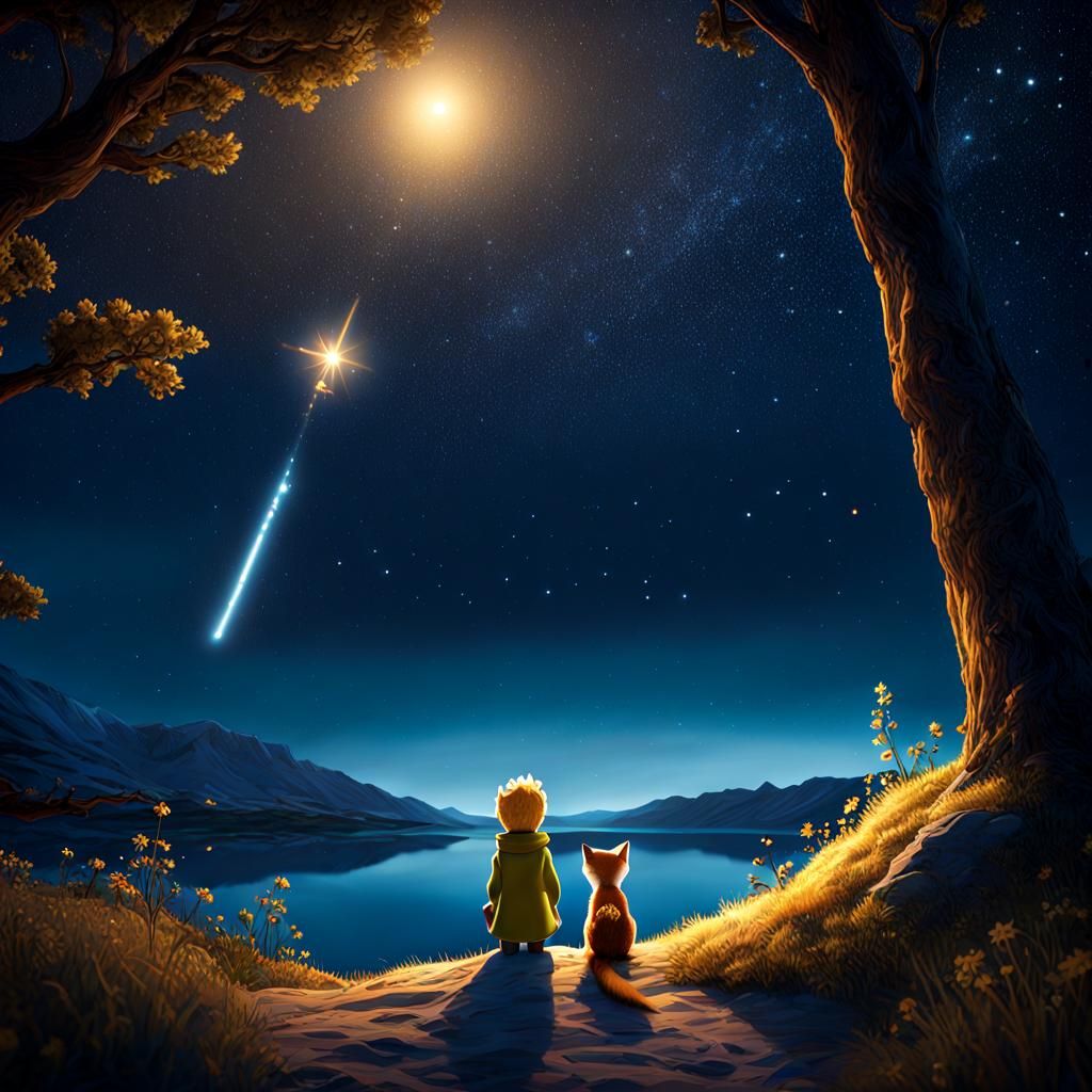 Le petit prince stargazing with his friend the fox