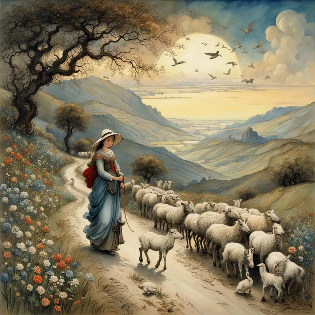 Mary and Her Lambs in Whimsical Wonderland
