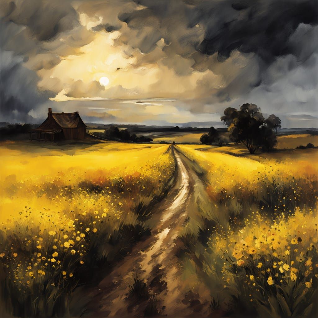 Moody Watercolor Landscape with Wildflowers and Stormy Sky