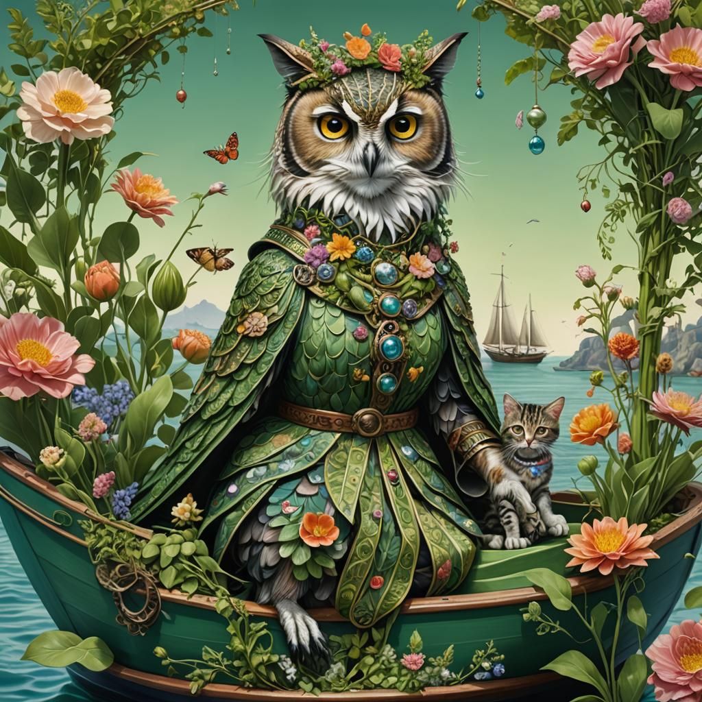 Whimsical Owl and Kitty Cat Sailing on a Pea Green Boat