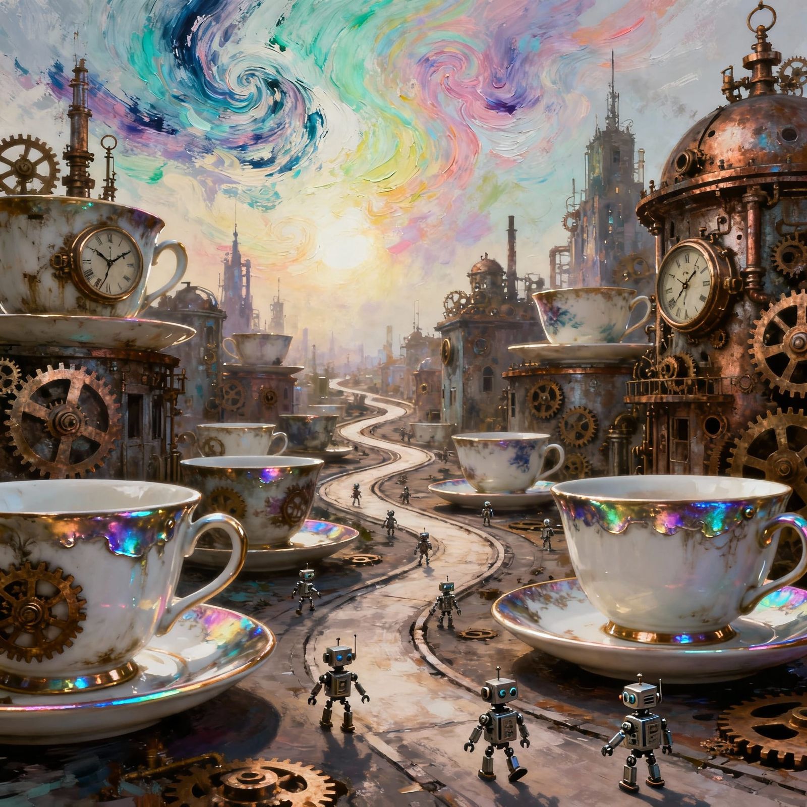 Surreal Clockwork Teacup City in Iridescent Sky