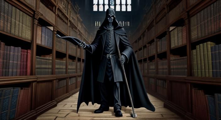 The Grim Reaper is portrayed as a solemn librarian in a gothic library filled with dusty books. Each book contains the l...