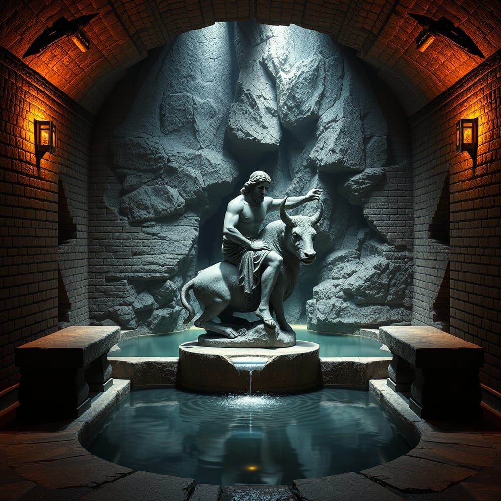 Ancient Mithraeum Hypogeum with God Mithras Statue