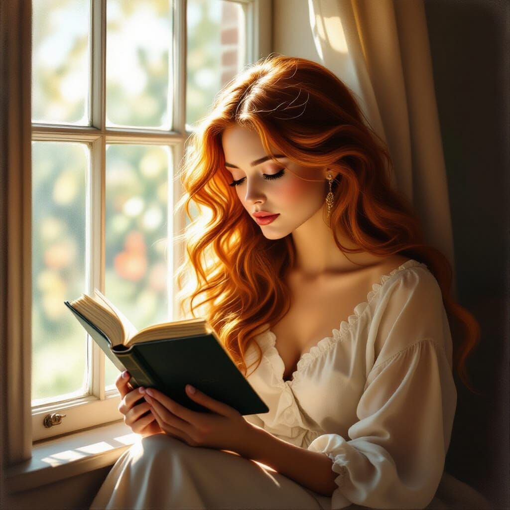 Woman Reading by Sunlit Window in Ethereal Style