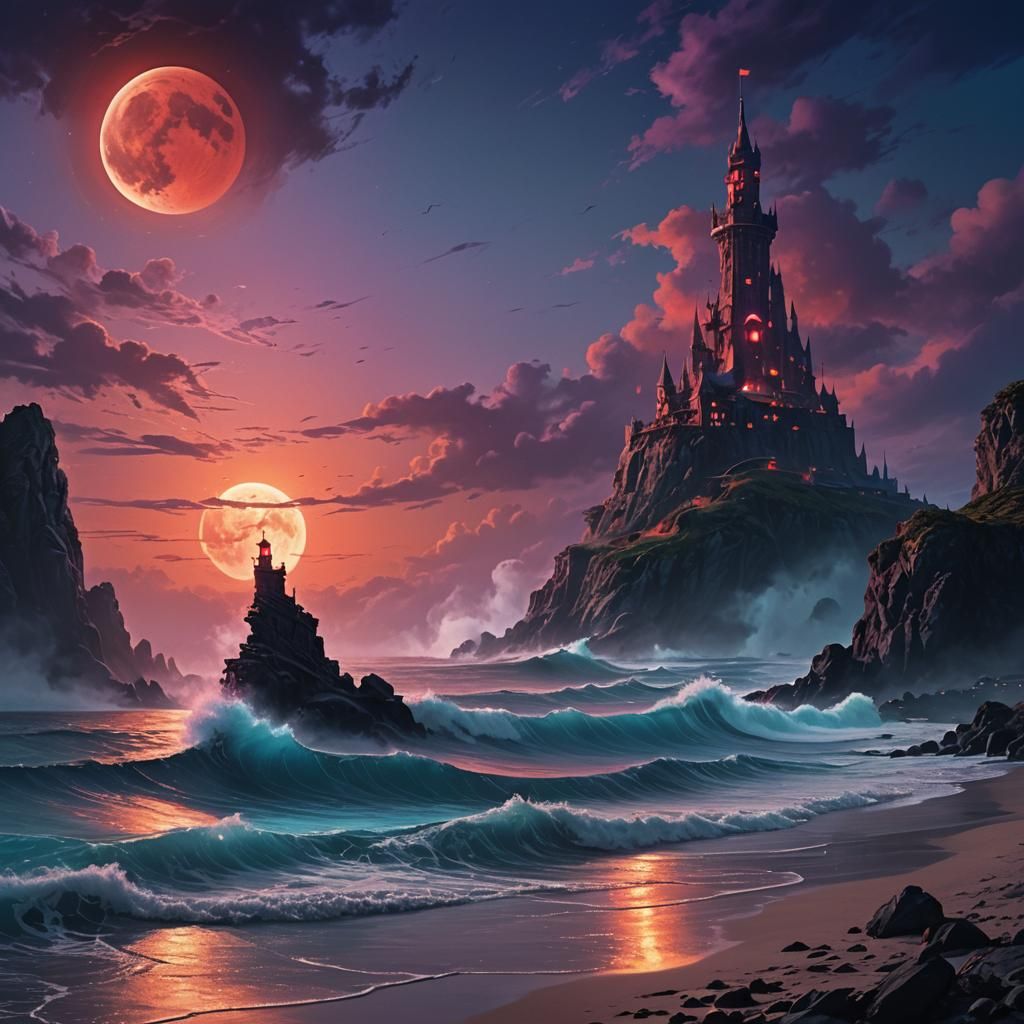 Tower Under Red Moonlit Ocean Skies