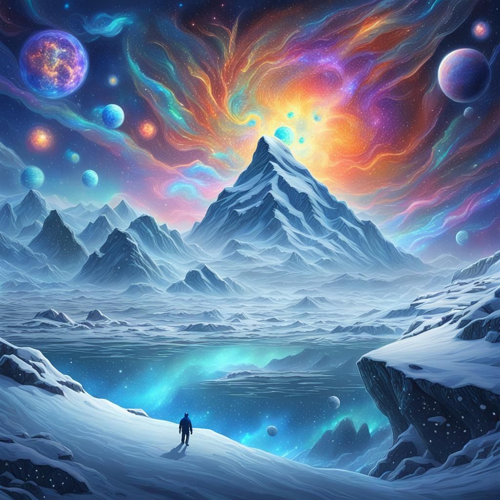 Cosmic Blizzard Over Frozen Tundra in Holographic Astral Sty...