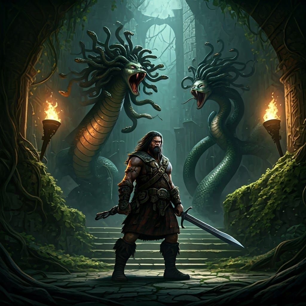 Scottish Highlander Faces Enraged Medusa in Dark Fantasy