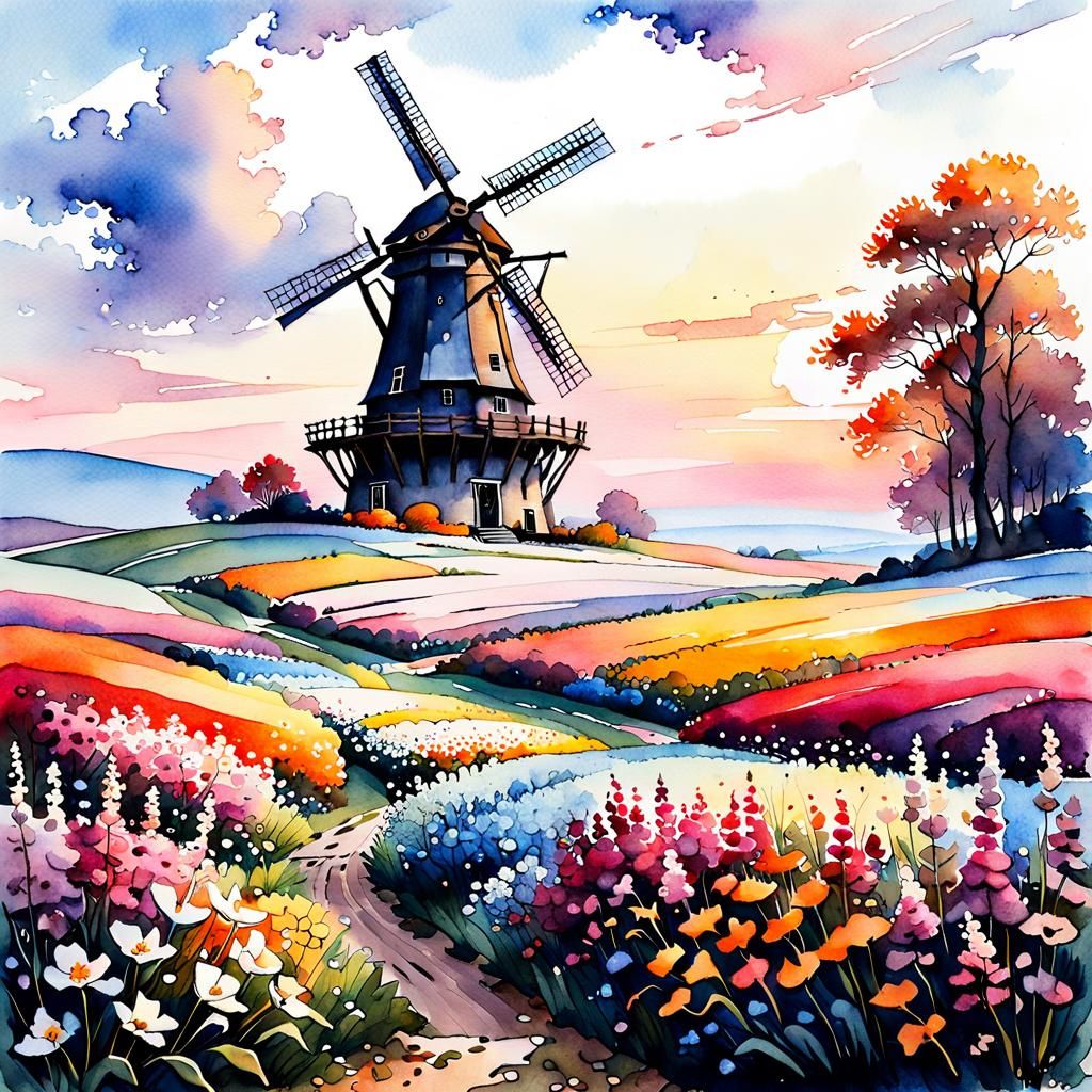 Dreamy Autumn Windmill Landscape in Watercolor