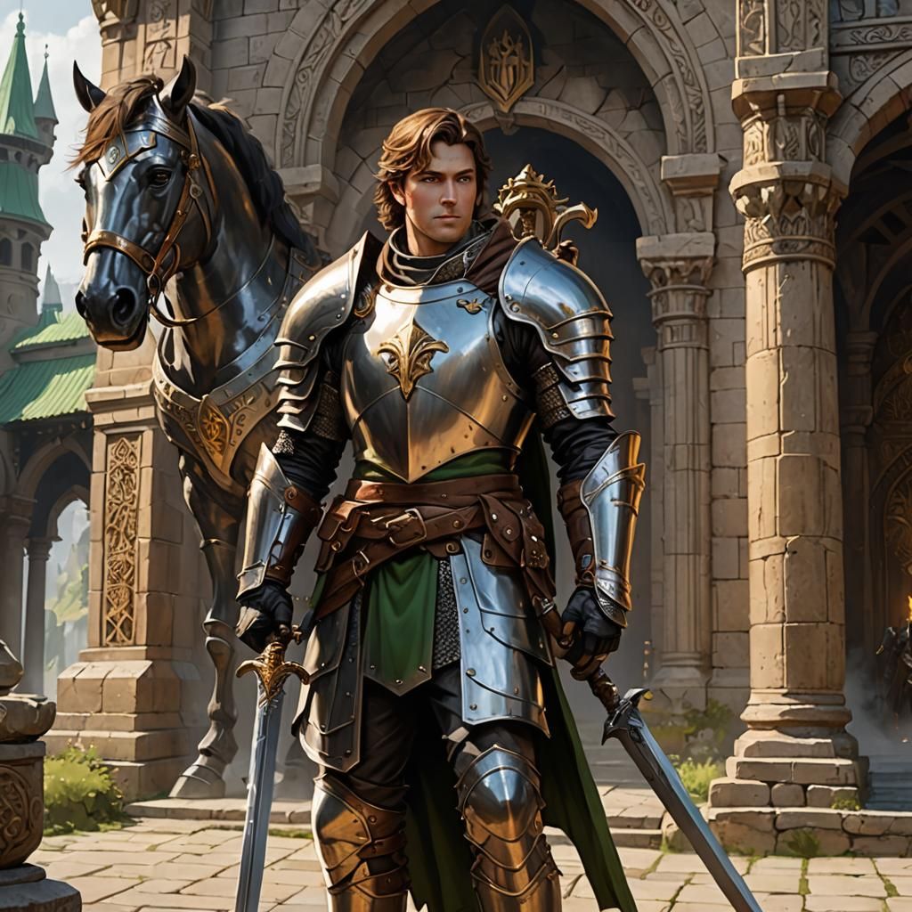 Young Paladin in Plate Mail Armor Stands Before a Temple