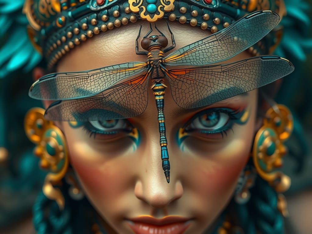 "portret Majestic dragonfly on an Aztec girl warrior,