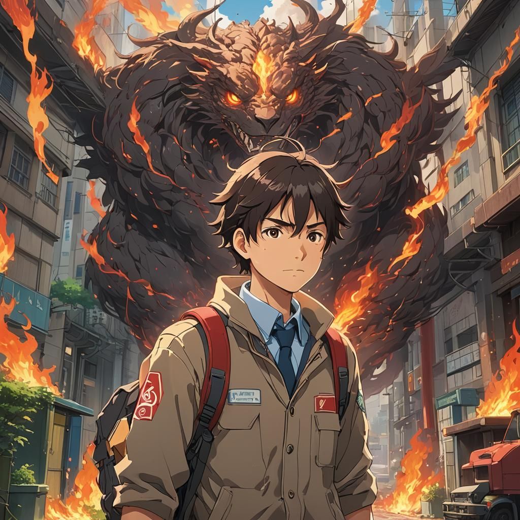 A Tall Boy with Brown Hair and Eyes Surrounded by Red Flames