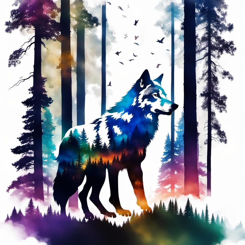 Double Exposure Wolf Silhouette in Vibrant Forest