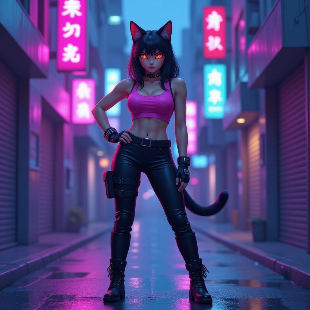 Muscular Cat-Girl in Neon Tokyo, Cyberpunk Style