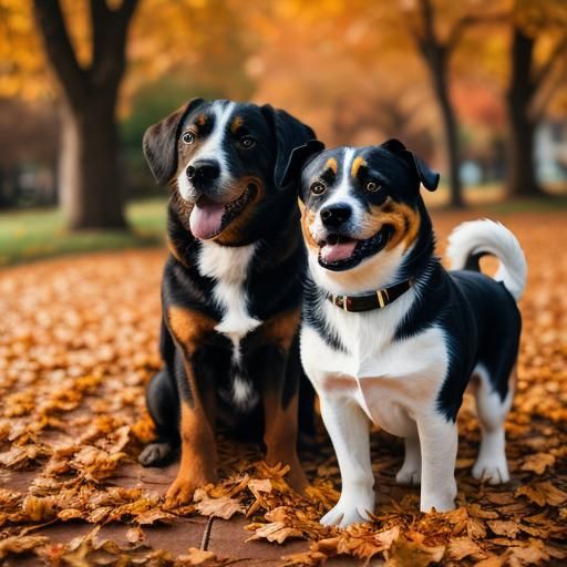 Two Dogs Play in Vibrant Autumn Landscape