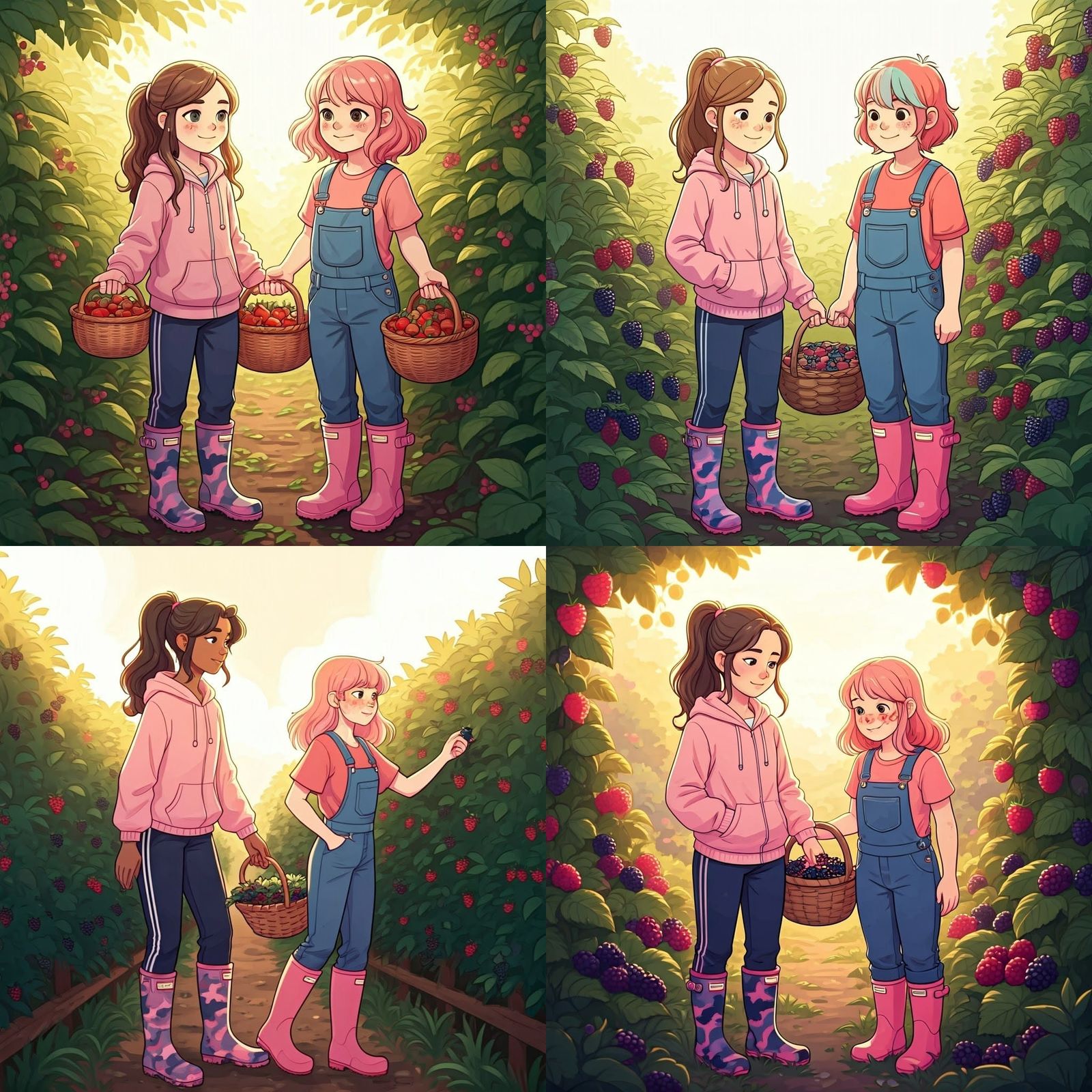 Sisters Picking Berries Together at the Farm