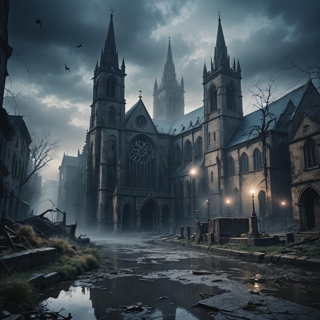 Gothic Dark Fantasy City with Spiders and Gloomy Church