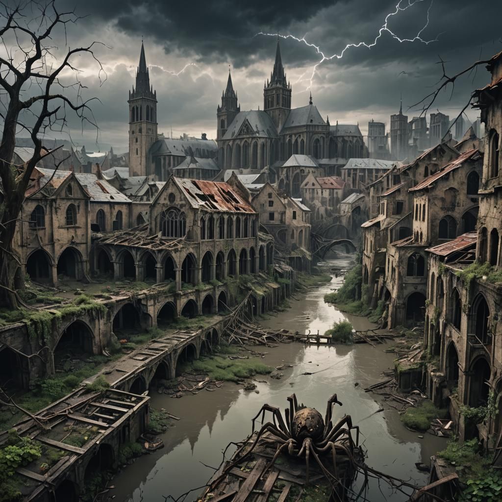 Dark Fantasy City Ruin with Spider Infested Church