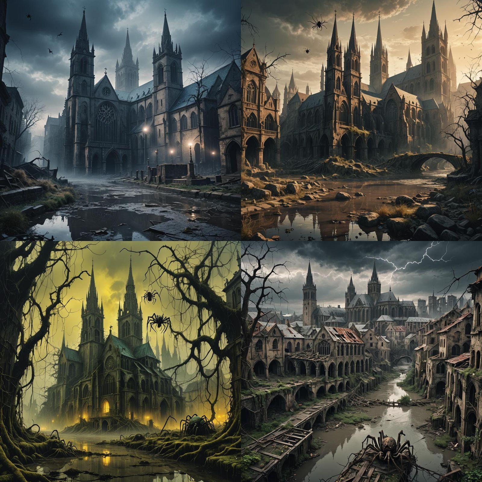 Dark Fantasy Cityscape with Gloomy Church and Polluted River
