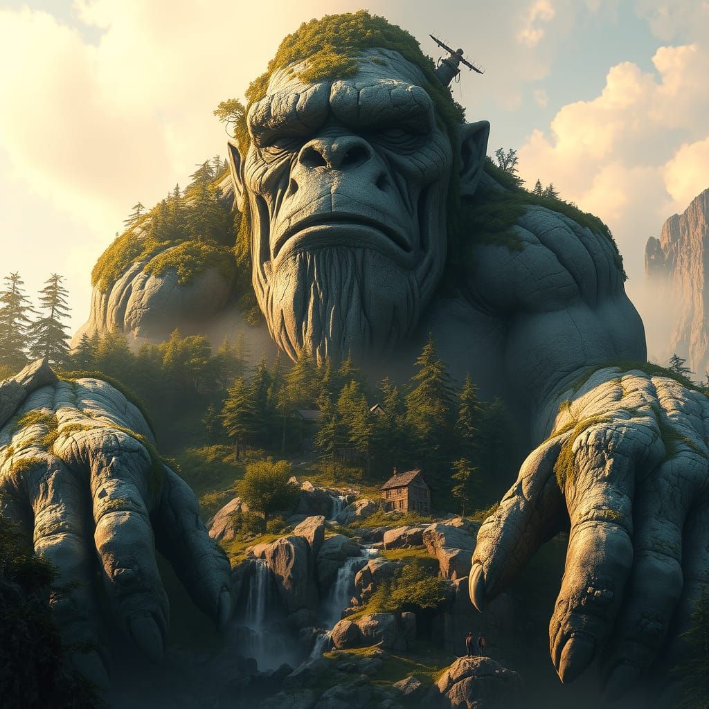Ancient Stone Troll Mountain in Photorealistic Fantasy Style