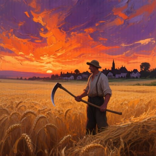 Cinematic Sunset Harvest: Farmer in Golden Wheat Field