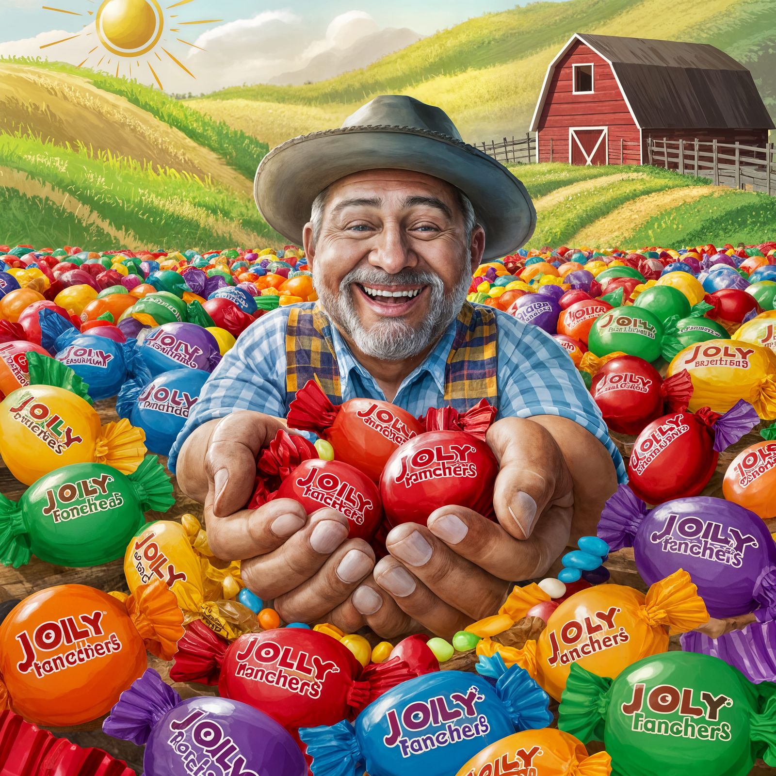 Farmer Surrounded by Rainbow Jolly Ranchers