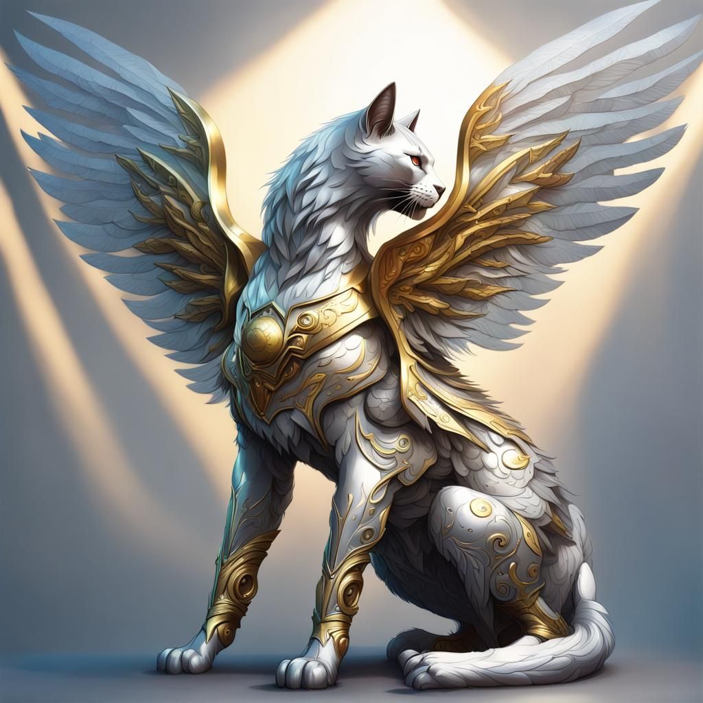 Mystical Silvery Cat with Gold Armor and Expansive Wings