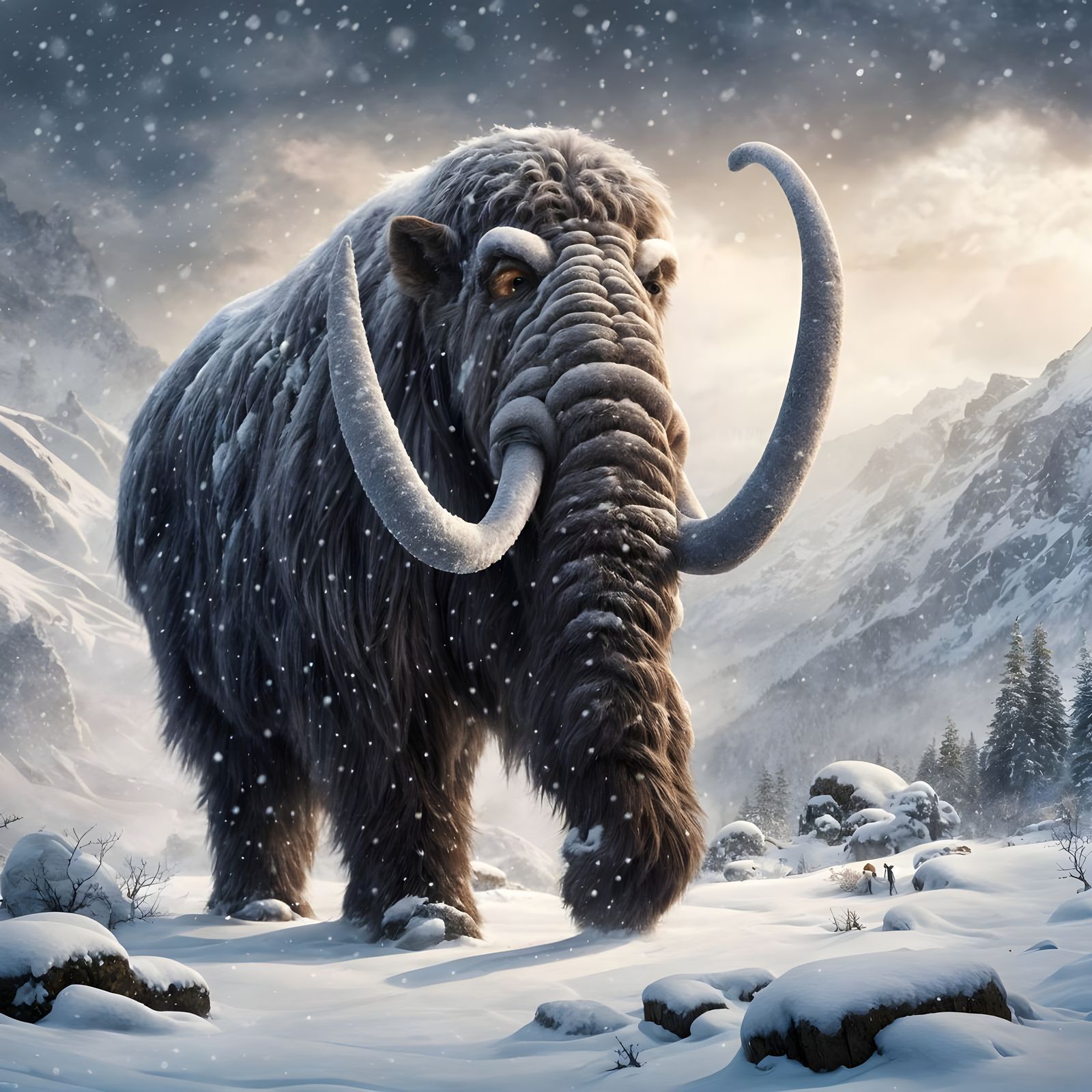 Woolly Mammoth Walking Through Snowy Mountain Blizzard
