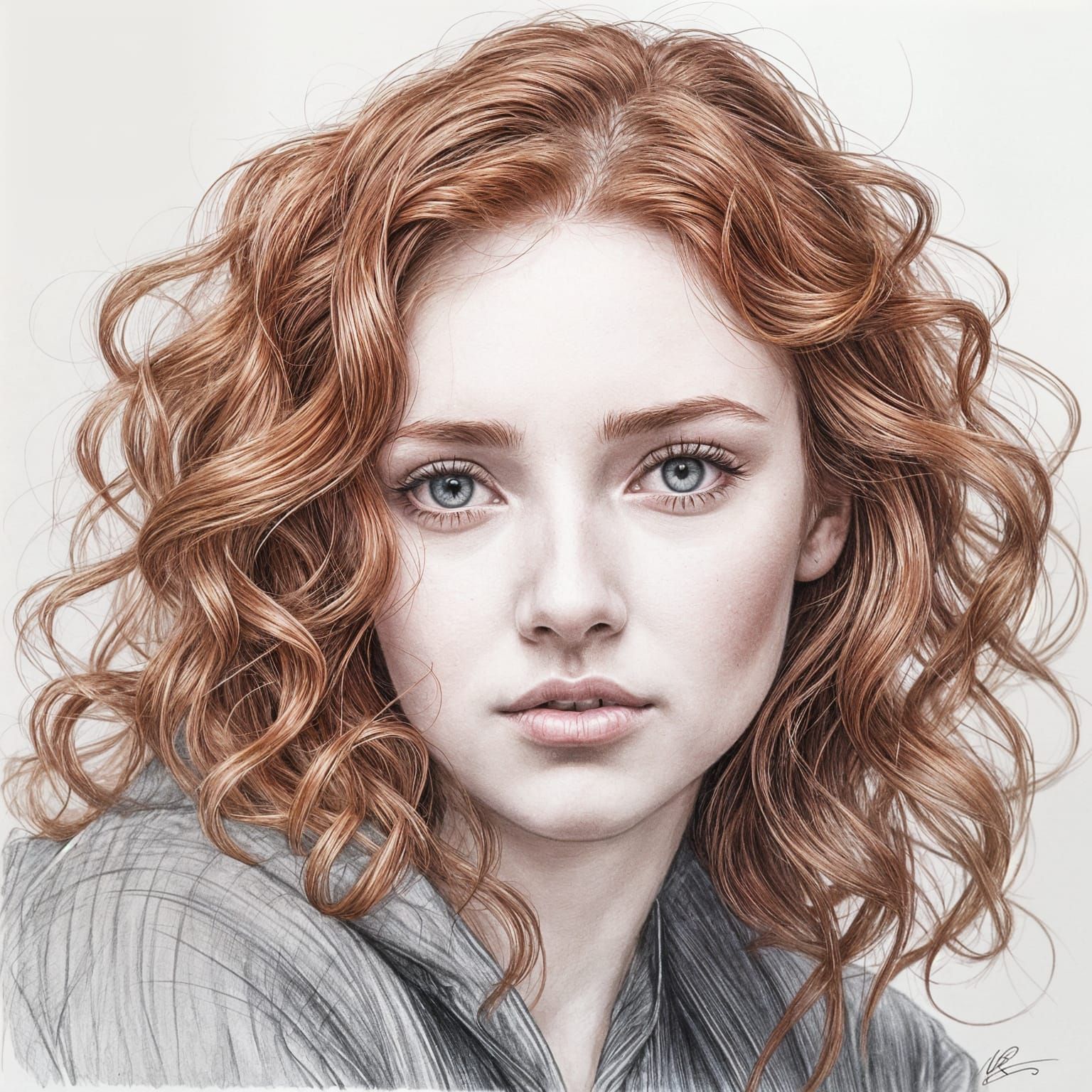 Girl with Red Hair in a Pencil Sketch