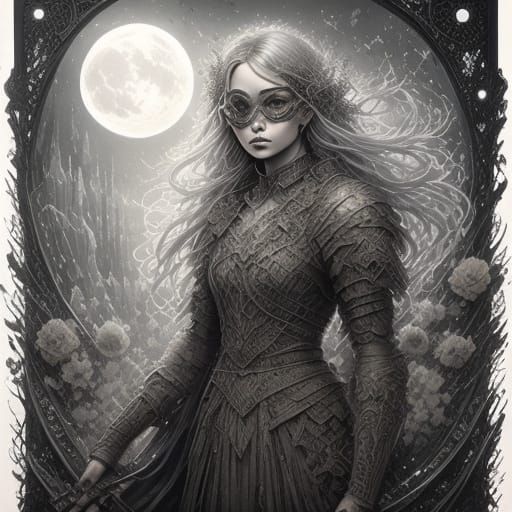 Witch Flying Broom Over Village in Moonlight