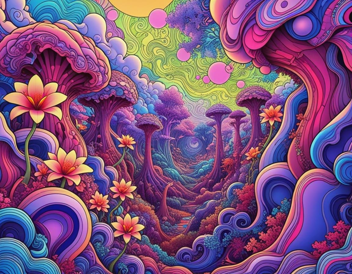Surreal Landscape with Hypnotic Shapes and Blooming Plants i...