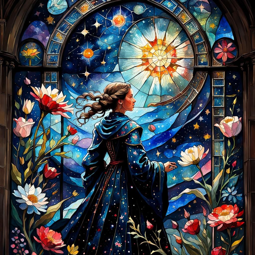 Vibrant Gouache Masterpiece of a Stained Glass Window in Blo...