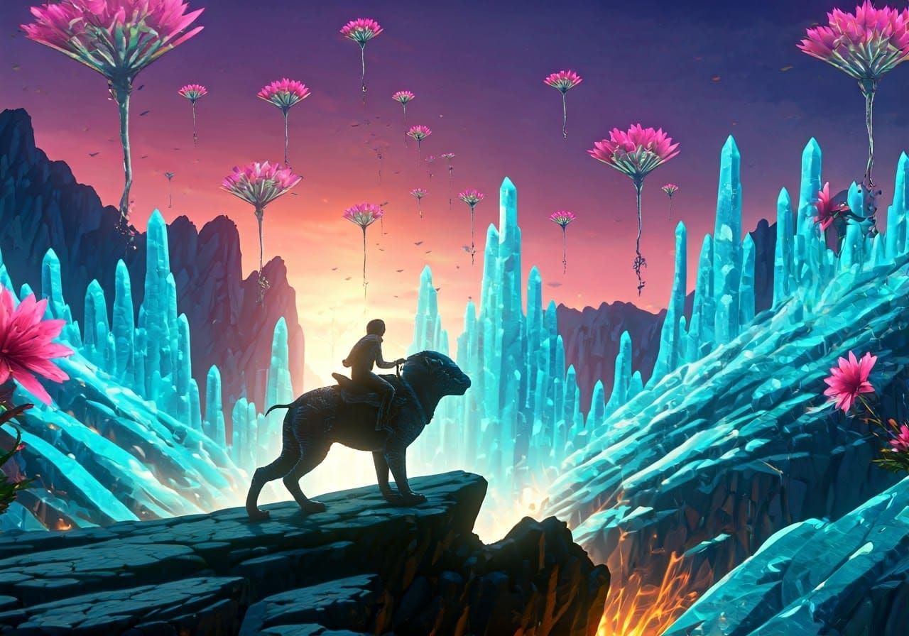 Human Rides Alien Beast on Edge of Crystal Canyon, Amidst Ma...