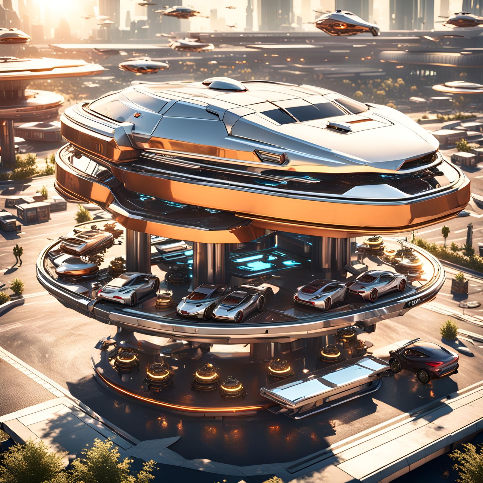 Surreal Futuristic Scene with Flying Cars and Restaurants in...
