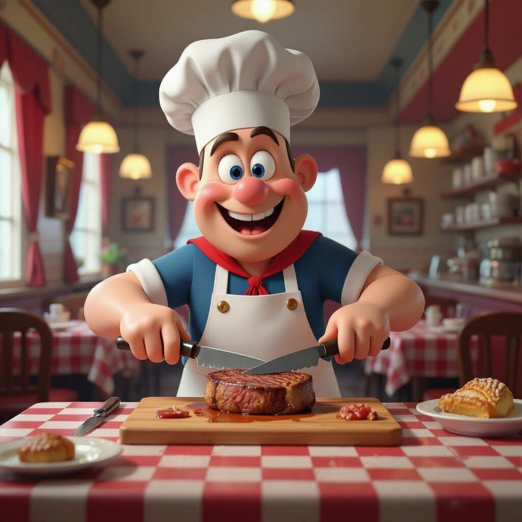 Popeye Carves Steak: 3D Digital Art