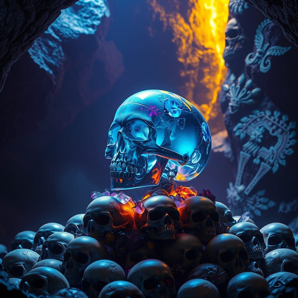 Shimmering Crystal Skull in Dark Fantasy Cave Art
