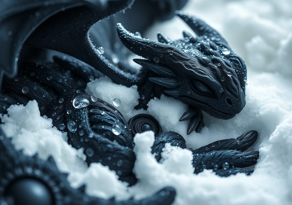 Elegant Black Woolly Dragon in Majestic Snowy Scene