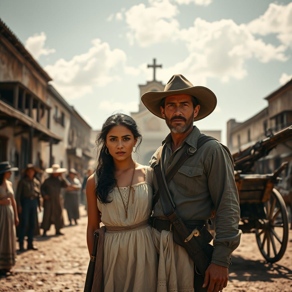 Mexican Town Plaza: Woman's Defiance in Western Style
