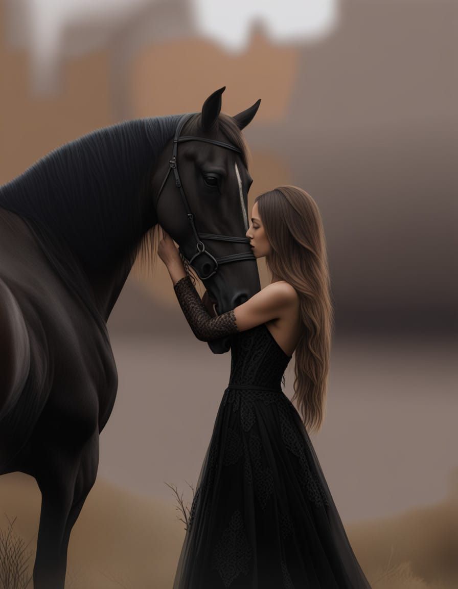 Woman in Autumnal Forest with Horse in Elegant Portrait