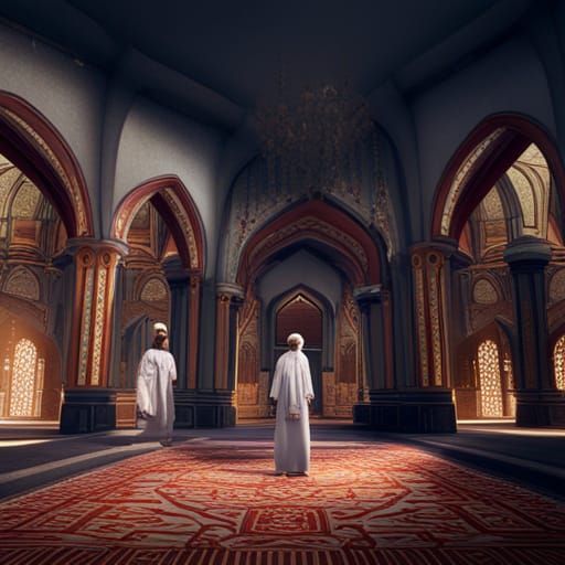 Ethereal Muslims in a Vibrant Mosque Scene with Fantastical...