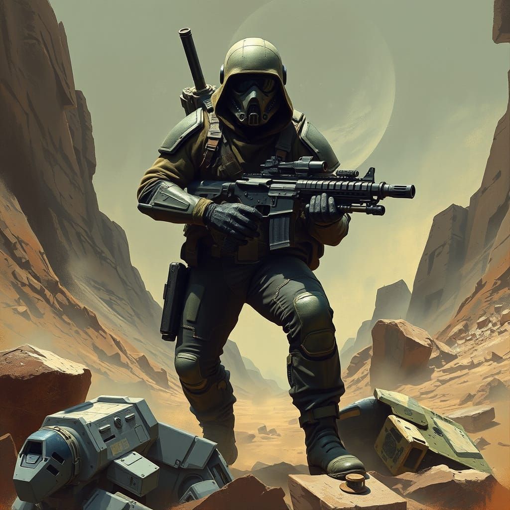 Dystopian Mercenary in Rugged Terrain