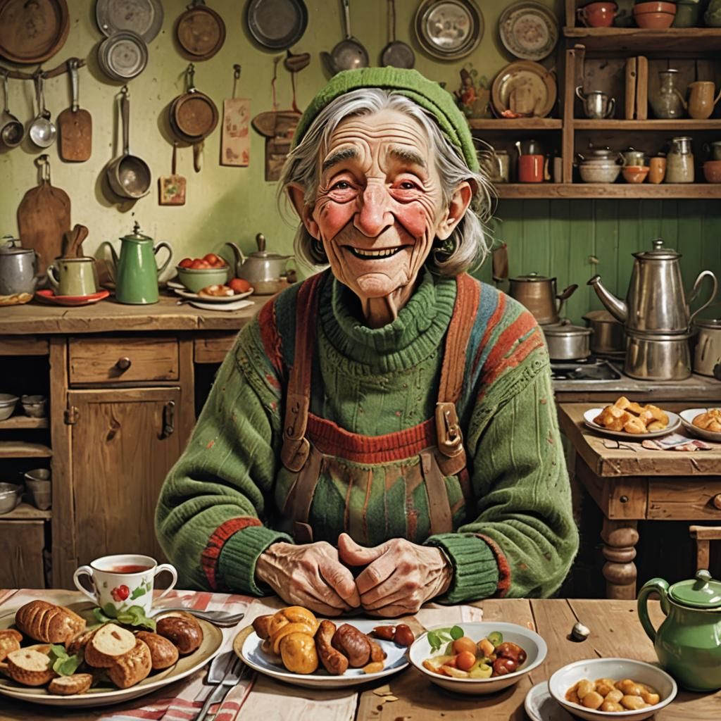 Humorous Old Woman and Dog in Fairy Tale Illustration