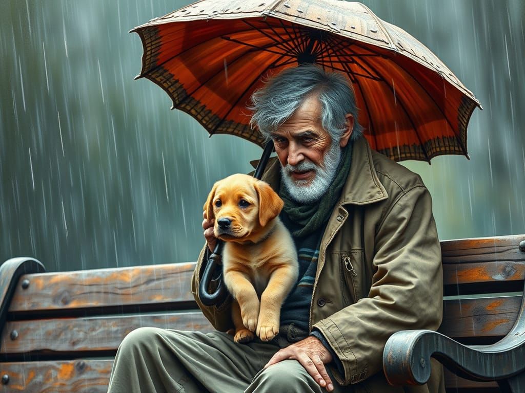 Old Man Sheltering Labrador